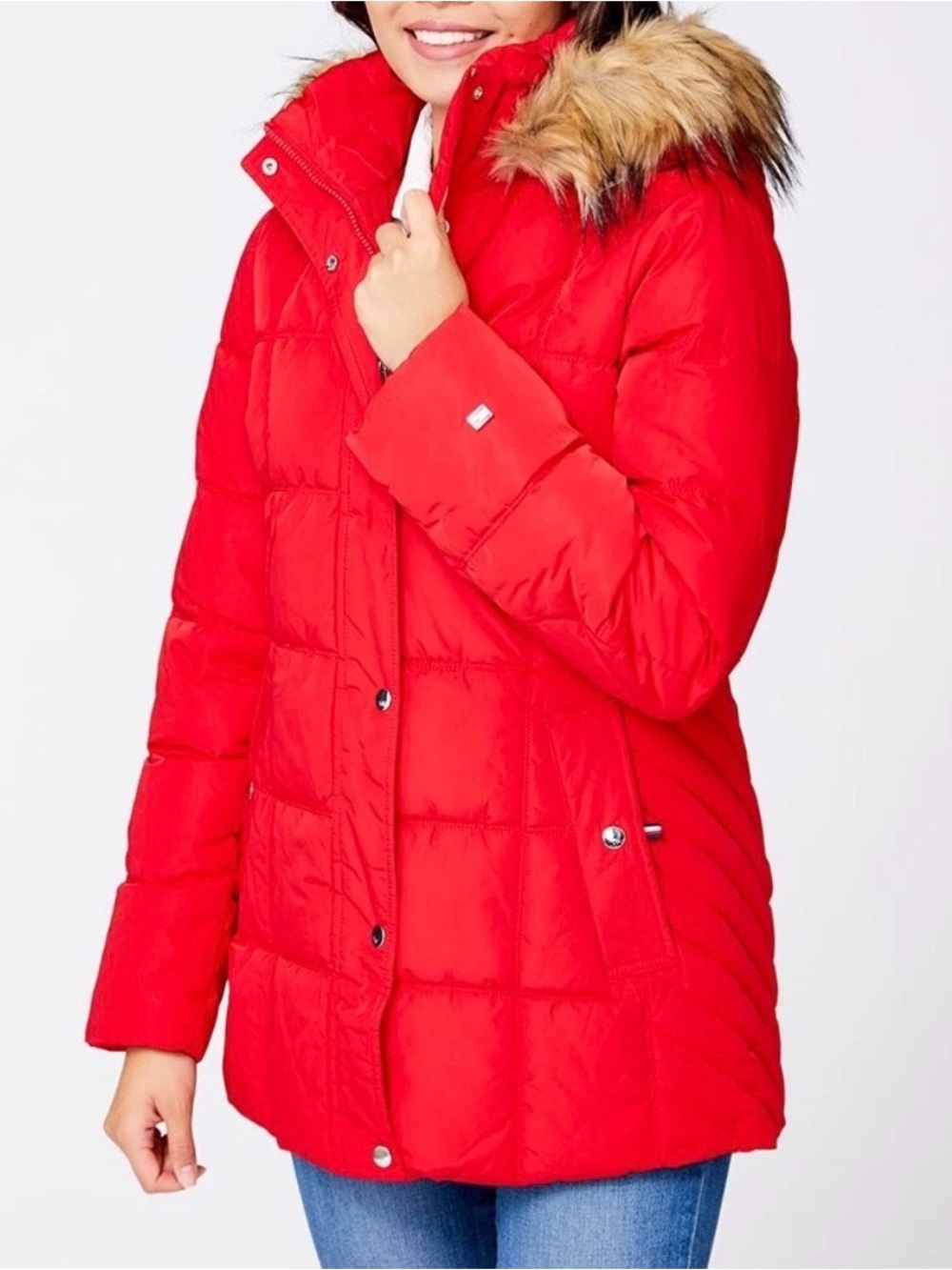 Tommy Hilfiger Red Quilted Puffer Jacket Faux Fur Trim Hooded Full Zip & Snaps L